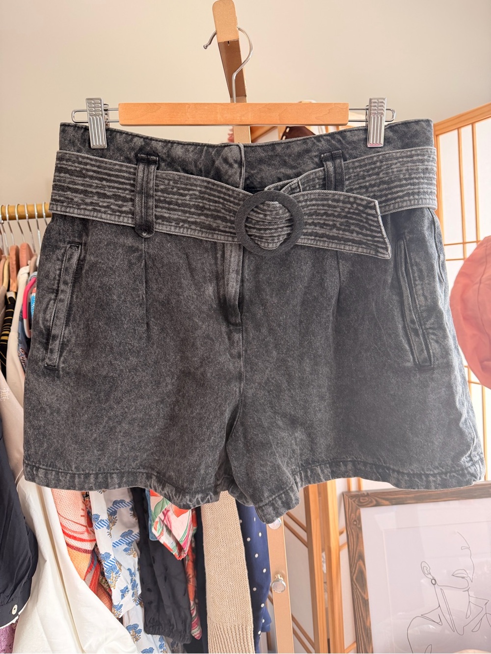 21. Sezane Size 40 Black Washed Denim Belted High Rise Shorts Cotton